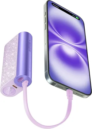 VEGER 10000mAh Glitter Power Bank with Built-in Cable, 20W Fast Charging - Sparkling Portable Charger for Women, Compatible with iPhone 15/14/13 & Android (Purple, Stylish Phone Accessory)