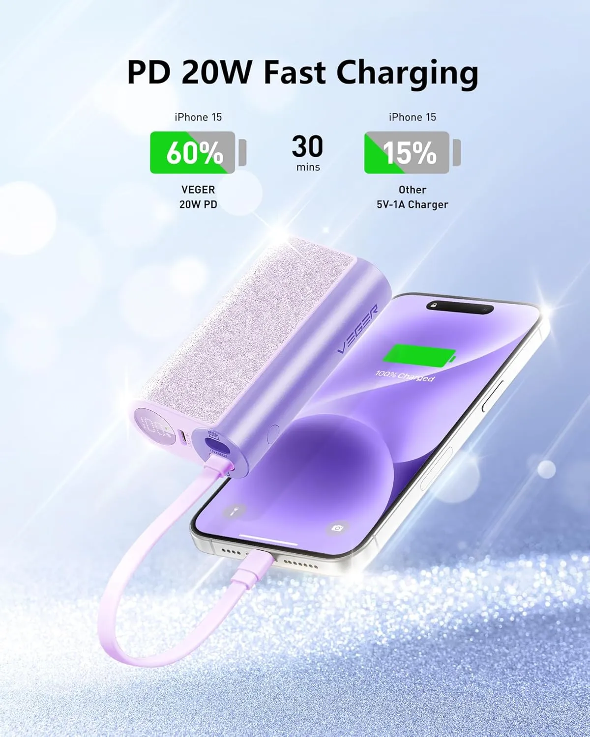 VEGER 10000mAh Glitter Power Bank with Built-in Cable, 20W Fast Charging - Sparkling Portable Charger for Women, Compatible with iPhone 15/14/13 & Android (Purple, Stylish Phone Accessory)