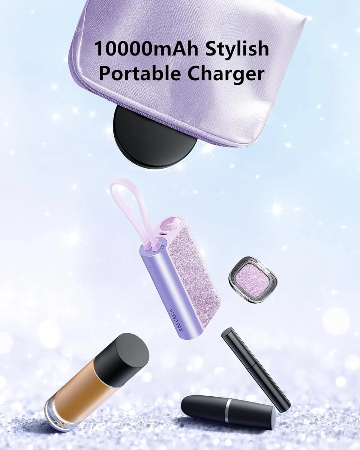 VEGER 10000mAh Glitter Power Bank with Built-in Cable, 20W Fast Charging - Sparkling Portable Charger for Women, Compatible with iPhone 15/14/13 & Android (Purple, Stylish Phone Accessory)