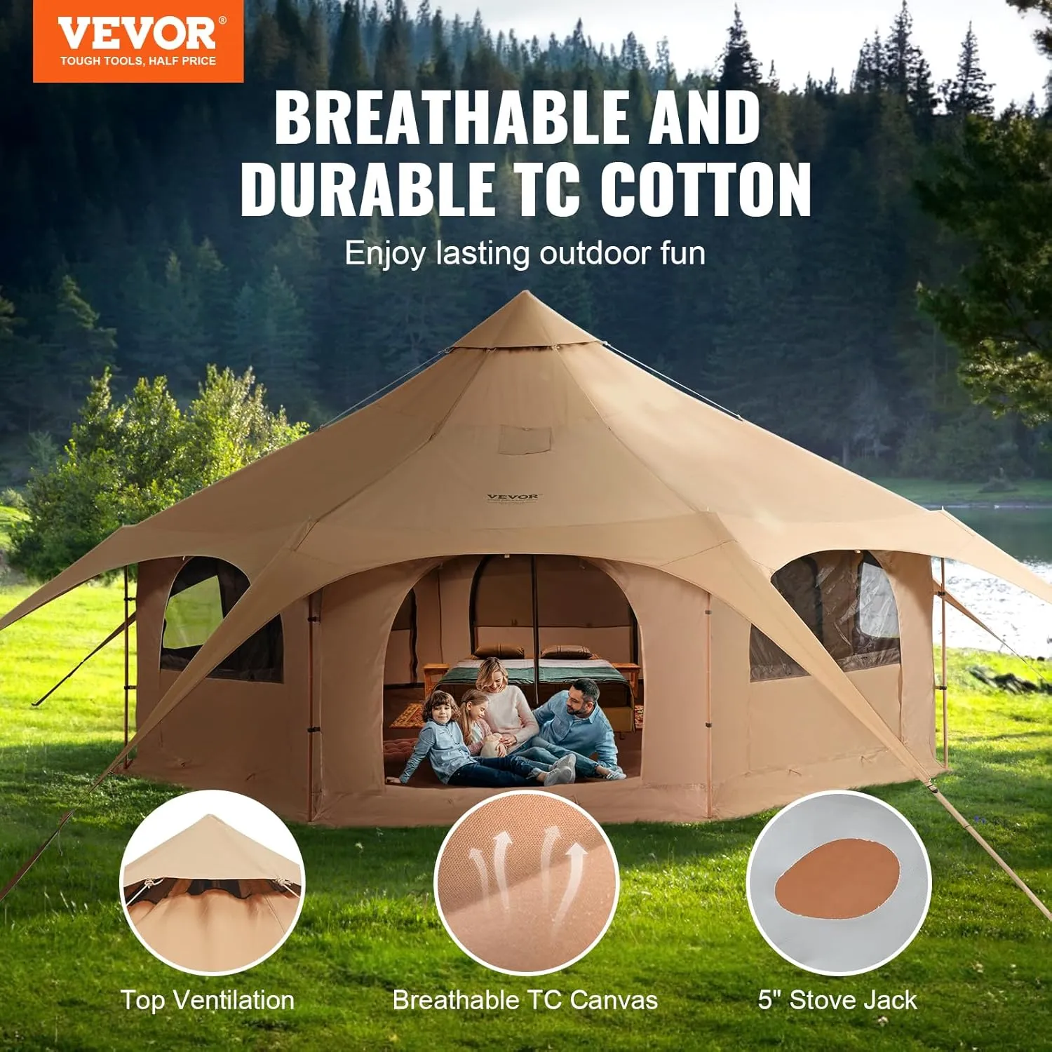 VEVOR 4 Season Canvas Bell Tent, 100 sq ft, 7 ft Peak Height, 6 Person, Free Standing, Zipper Closure, Compact Style, Camping & Hiking, Family Camping, Cold-Weather, Outdoor Activities