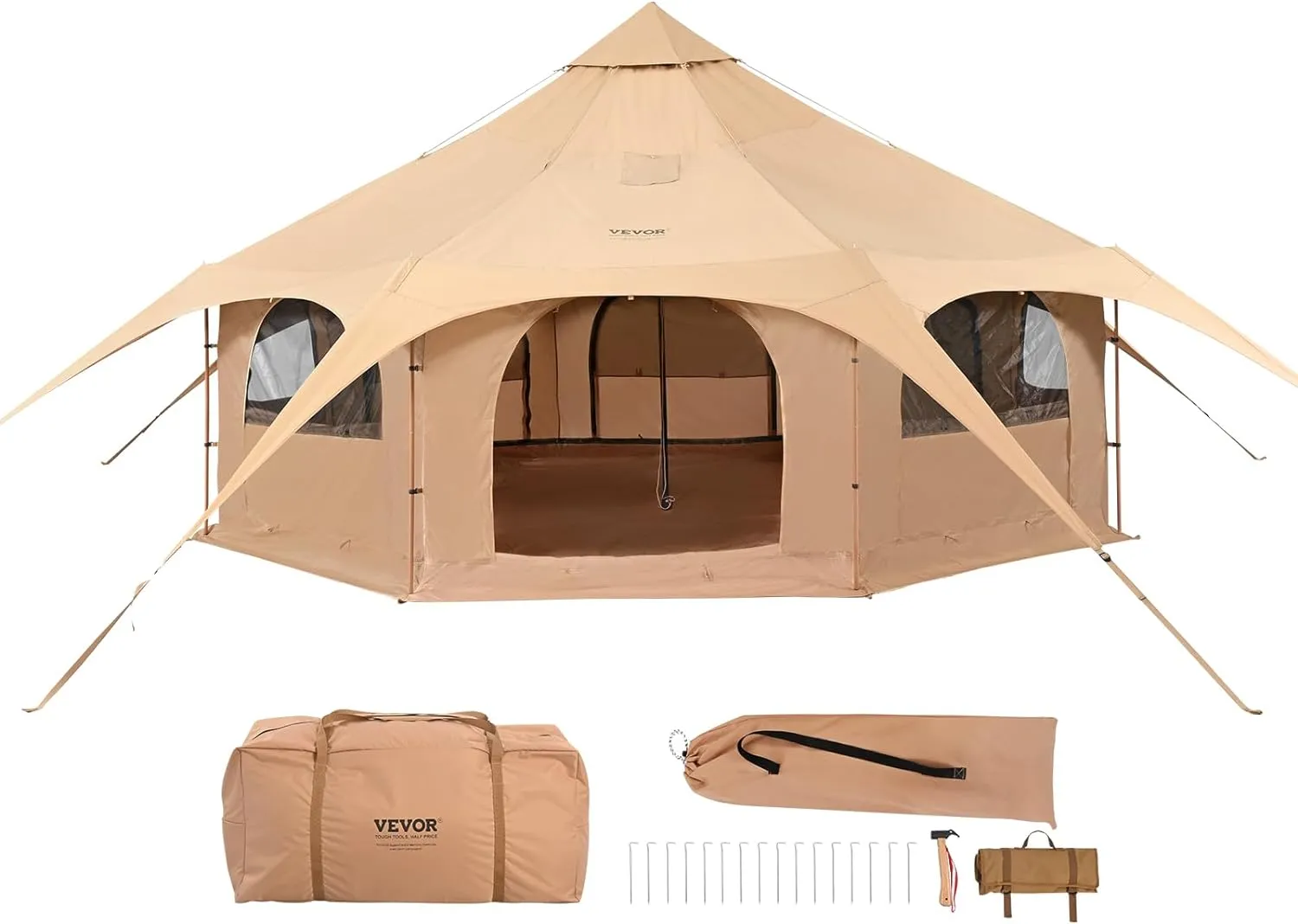 VEVOR 4 Season Canvas Bell Tent, 100 sq ft, 7 ft Peak Height, 6 Person, Free Standing, Zipper Closure, Compact Style, Camping & Hiking, Family Camping, Cold-Weather, Outdoor Activities