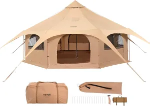 VEVOR 4 Season Canvas Bell Tent, 100 sq ft, 7 ft Peak Height, 6 Person, Free Standing, Zipper Closure, Compact Style, Camping & Hiking, Family Camping, Cold-Weather, Outdoor Activities