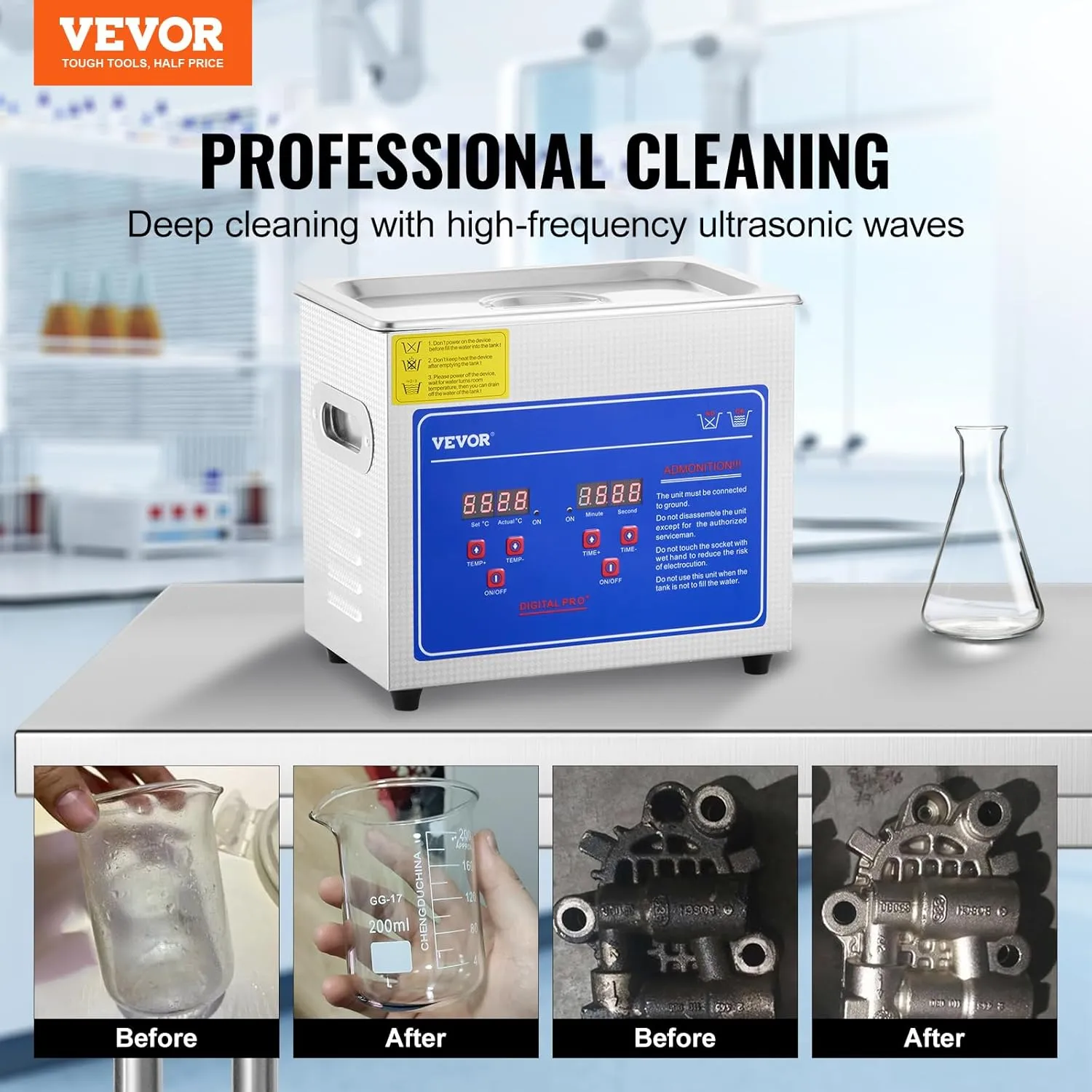 VEVOR Professional Ultrasonic Cleaner, Easy to Use with Digital Timer & Heater, Stainless Steel Industrial Machine for Parts, 110V, FCC/CE/RoHS Certified (3L)