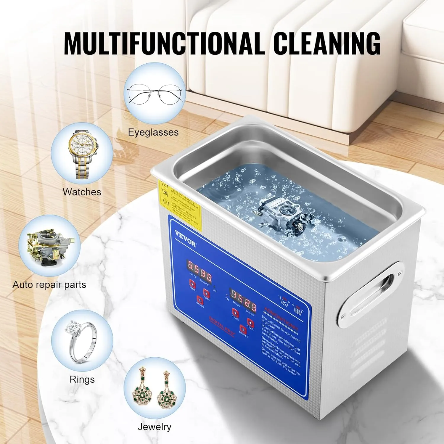 VEVOR Professional Ultrasonic Cleaner, Easy to Use with Digital Timer & Heater, Stainless Steel Industrial Machine for Parts, 110V, FCC/CE/RoHS Certified (3L)