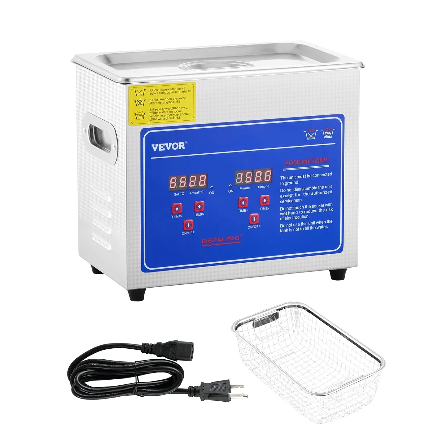 VEVOR Professional Ultrasonic Cleaner, Easy to Use with Digital Timer & Heater, Stainless Steel Industrial Machine for Parts, 110V, FCC/CE/RoHS Certified (3L)