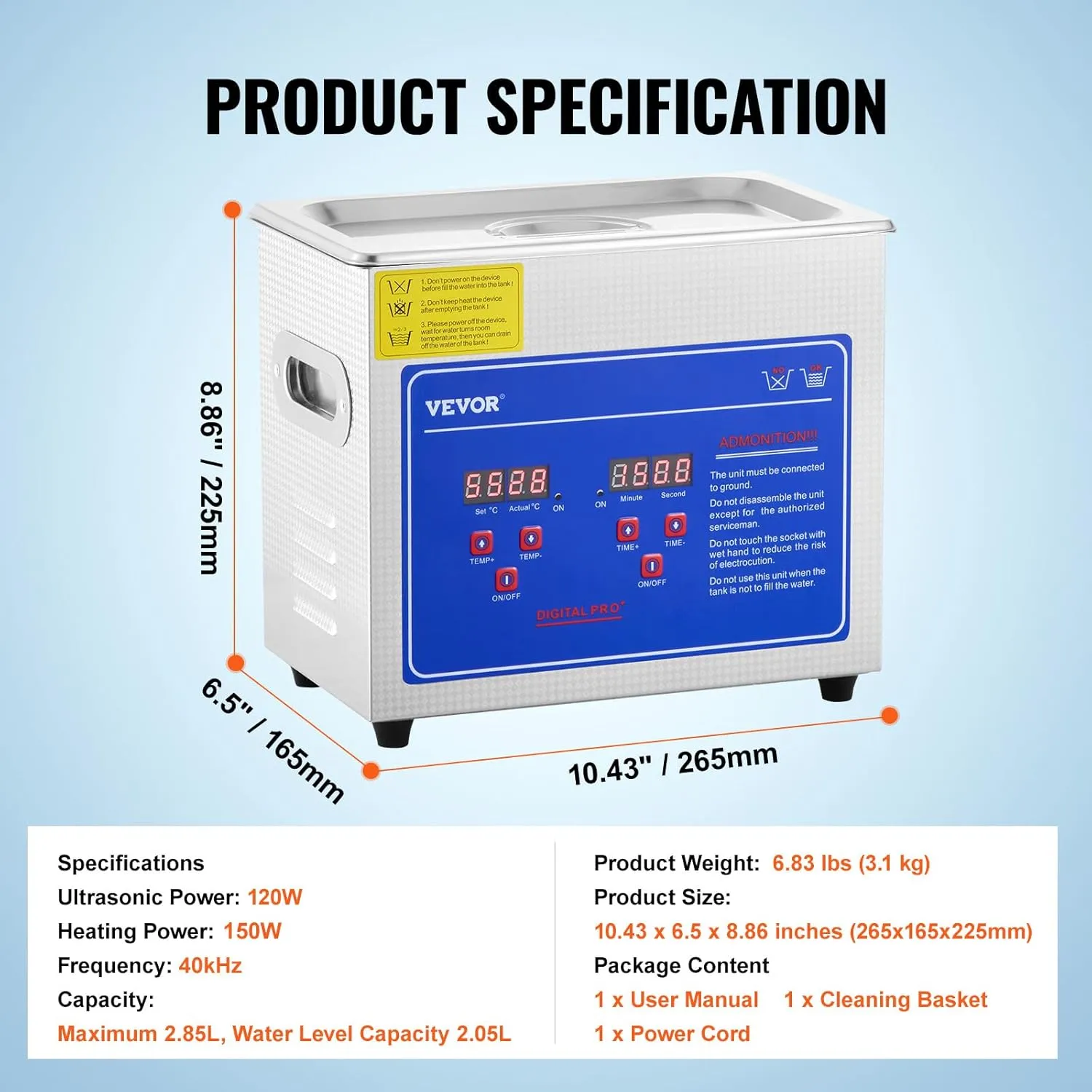 VEVOR Professional Ultrasonic Cleaner, Easy to Use with Digital Timer & Heater, Stainless Steel Industrial Machine for Parts, 110V, FCC/CE/RoHS Certified (3L)