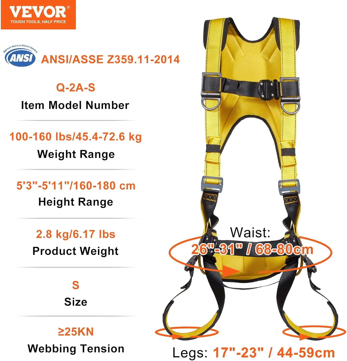 VEVOR Safety Harness, Full Body Harness, Safety Harness Fall Protection with Added Padding, and Side Rings and Dorsal D-Rings