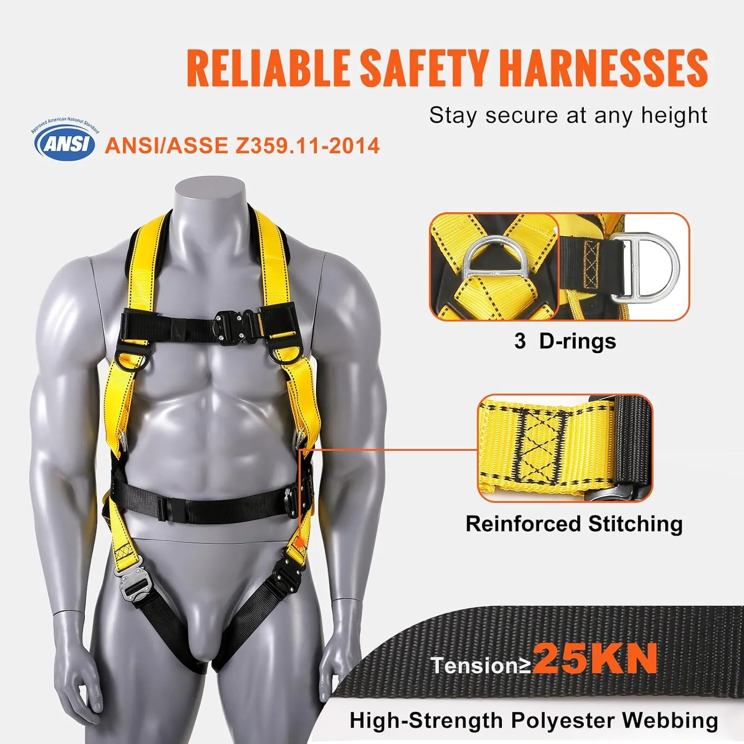 VEVOR Safety Harness, Full Body Harness, Safety Harness Fall Protection with Added Padding, and Side Rings and Dorsal D-Rings