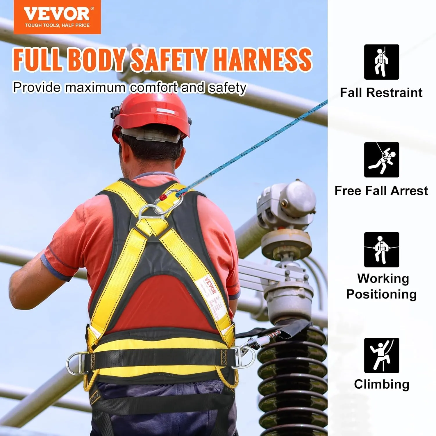 VEVOR Safety Harness, Full Body Harness, Safety Harness Fall Protection with Added Padding, and Side Rings and Dorsal D-Rings