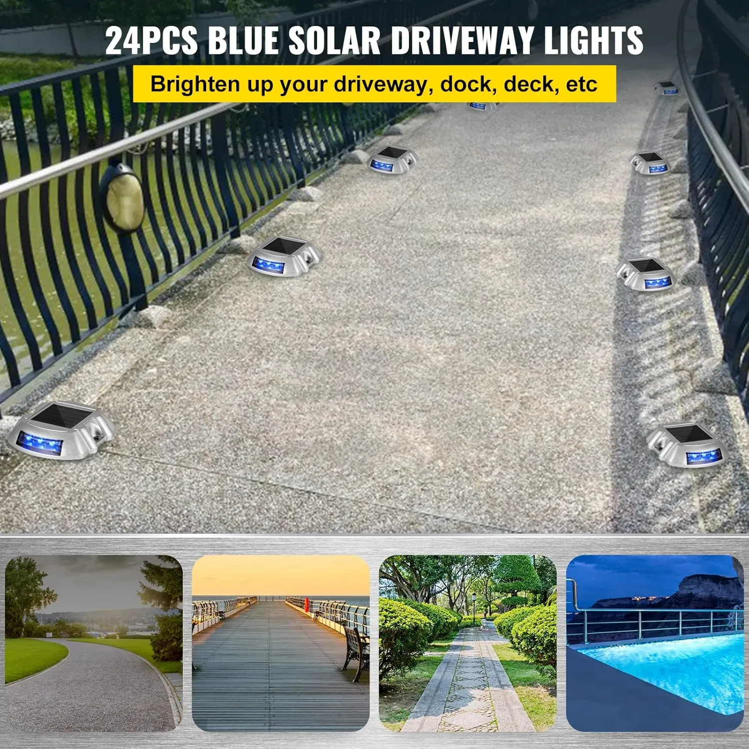 VEVOR Solar Driveway Lights - 24 Pack, Wireless, Waterproof, 6 LED Blue Deck & Path Lights