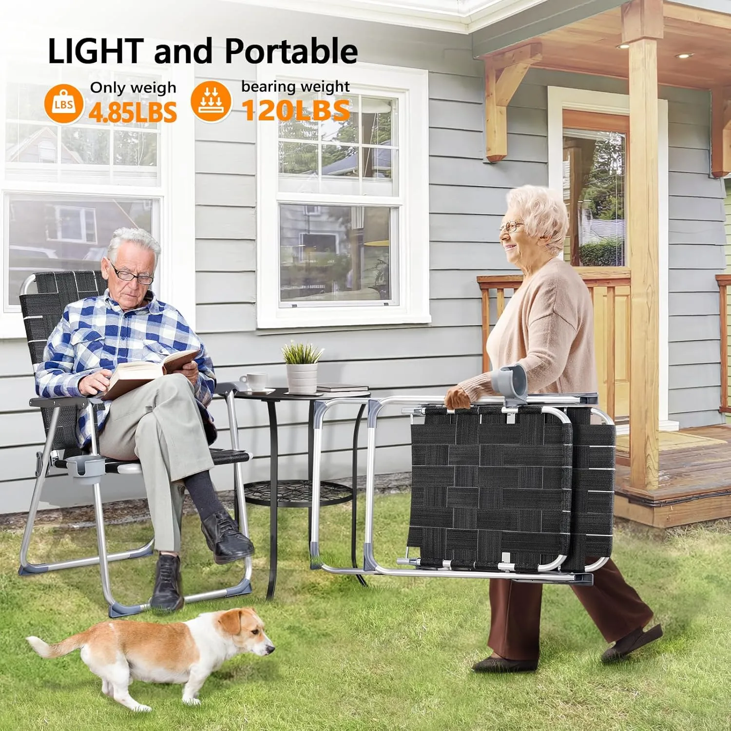 VINGLI Aluminum Patio Lawn Chairs Folding Set of 2 with Detachable Cup Holder, Webbed Beach Chair Folding Chair Outdoor Portable Camping Chair for Yard, Garden