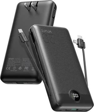 VRURC Portable Charger 20000mAh, Fast Charging Power Bank USB C,4 Output 2 Input Travel Essentials Charging Bank Equipped with LED Display,Built-in Wall Plug and Cables,Phone Charger Battery,Black
