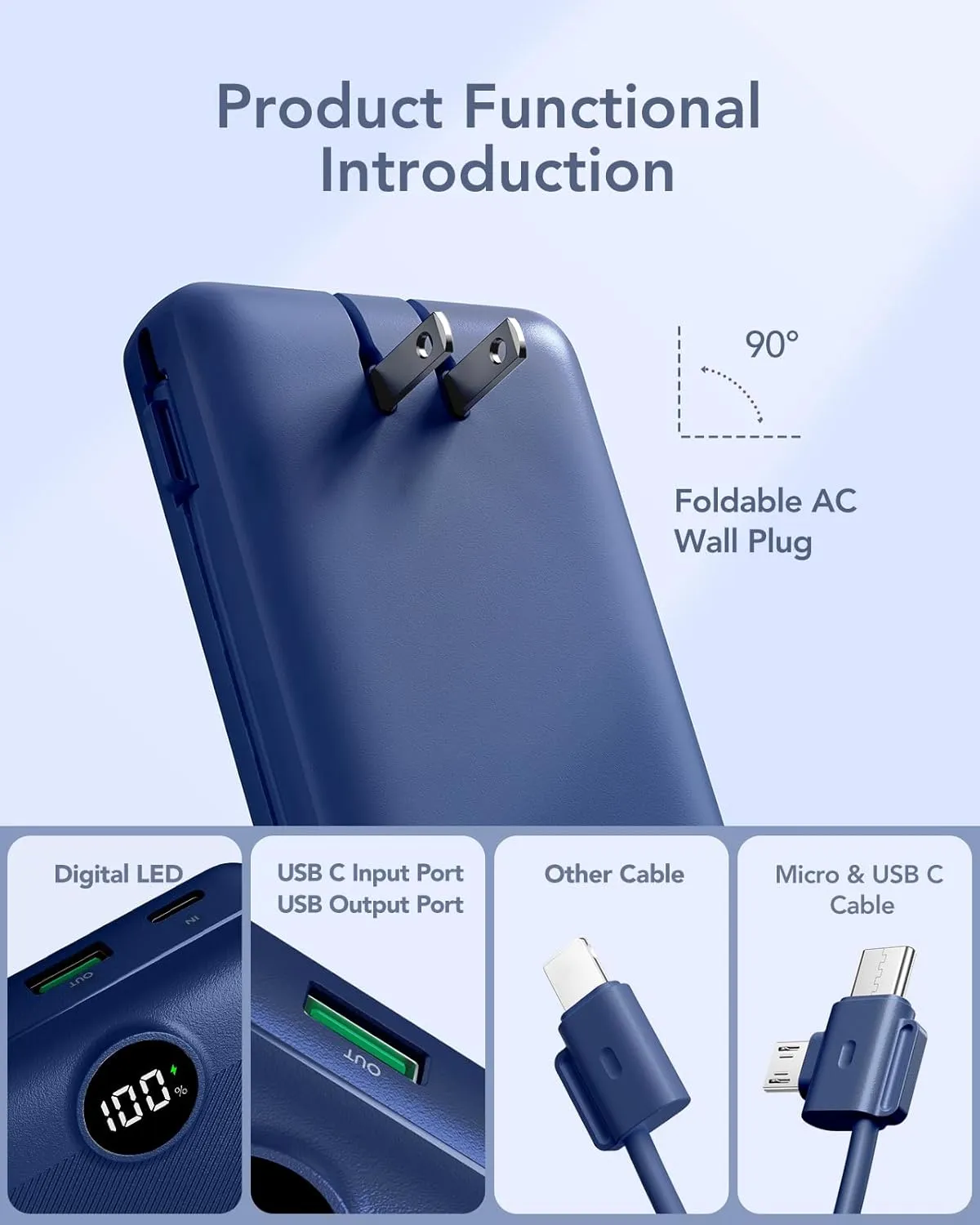 VRURC Portable Charger 20000mAh, Fast Charging Power Bank USB C,4 Output 2 Input Travel Essentials Charging Bank Equipped with LED Display,Built-in Wall Plug and Cables,Phone Charger Battery,Navy