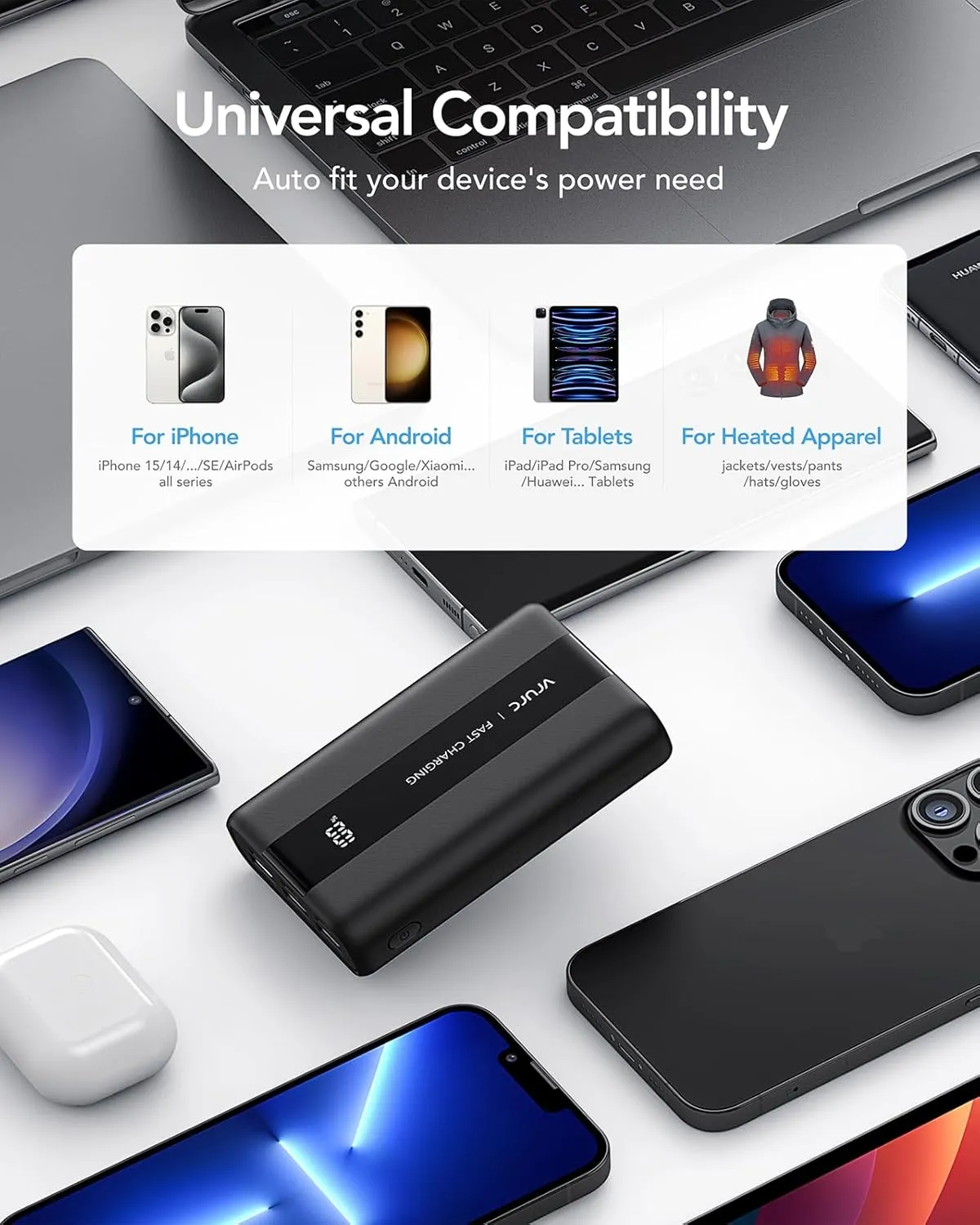 VRURC Portable Charger, 20000mAh Small Power Bank Fast Charging, PD & QC 3.0 Mini Travel Essentials Battery Pack,4 Outputs 3 Inputs Phone Charger for iPhone 16 15 14 13, Samsung, Android-Pure Black