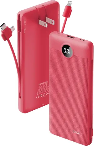 VRURC Portable Charger Built-in Cables and AC Wall Plug, USB C Power Bank 10000mAh, Travel Battery Portable Phone Charger Compact Lightweight External Battery Pack for Smart Phones, Tablets etc-Red