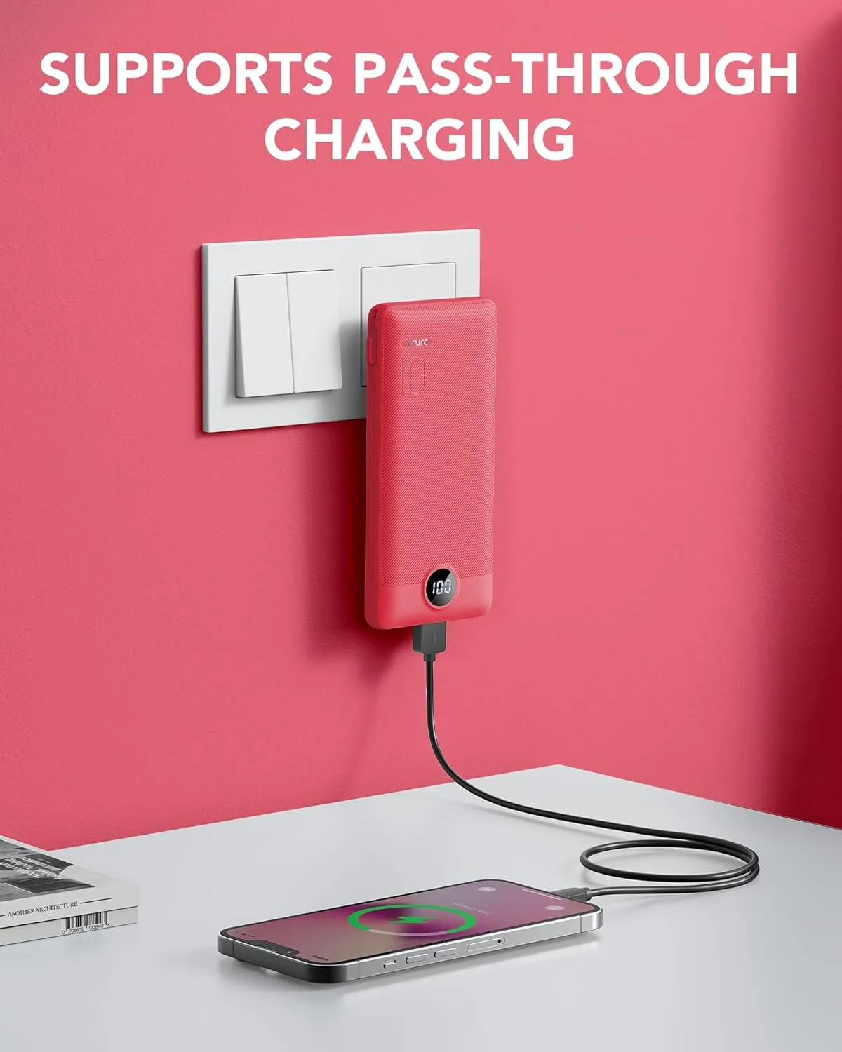 VRURC Portable Charger Built-in Cables and AC Wall Plug, USB C Power Bank 10000mAh, Travel Battery Portable Phone Charger Compact Lightweight External Battery Pack for Smart Phones, Tablets etc-Red