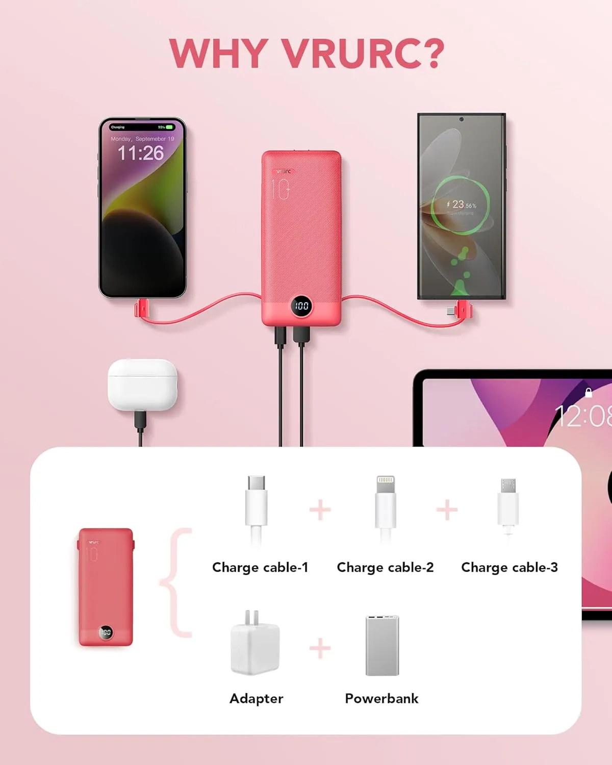 VRURC Portable Charger Built-in Cables and AC Wall Plug, USB C Power Bank 10000mAh, Travel Battery Portable Phone Charger Compact Lightweight External Battery Pack for Smart Phones, Tablets etc-Red