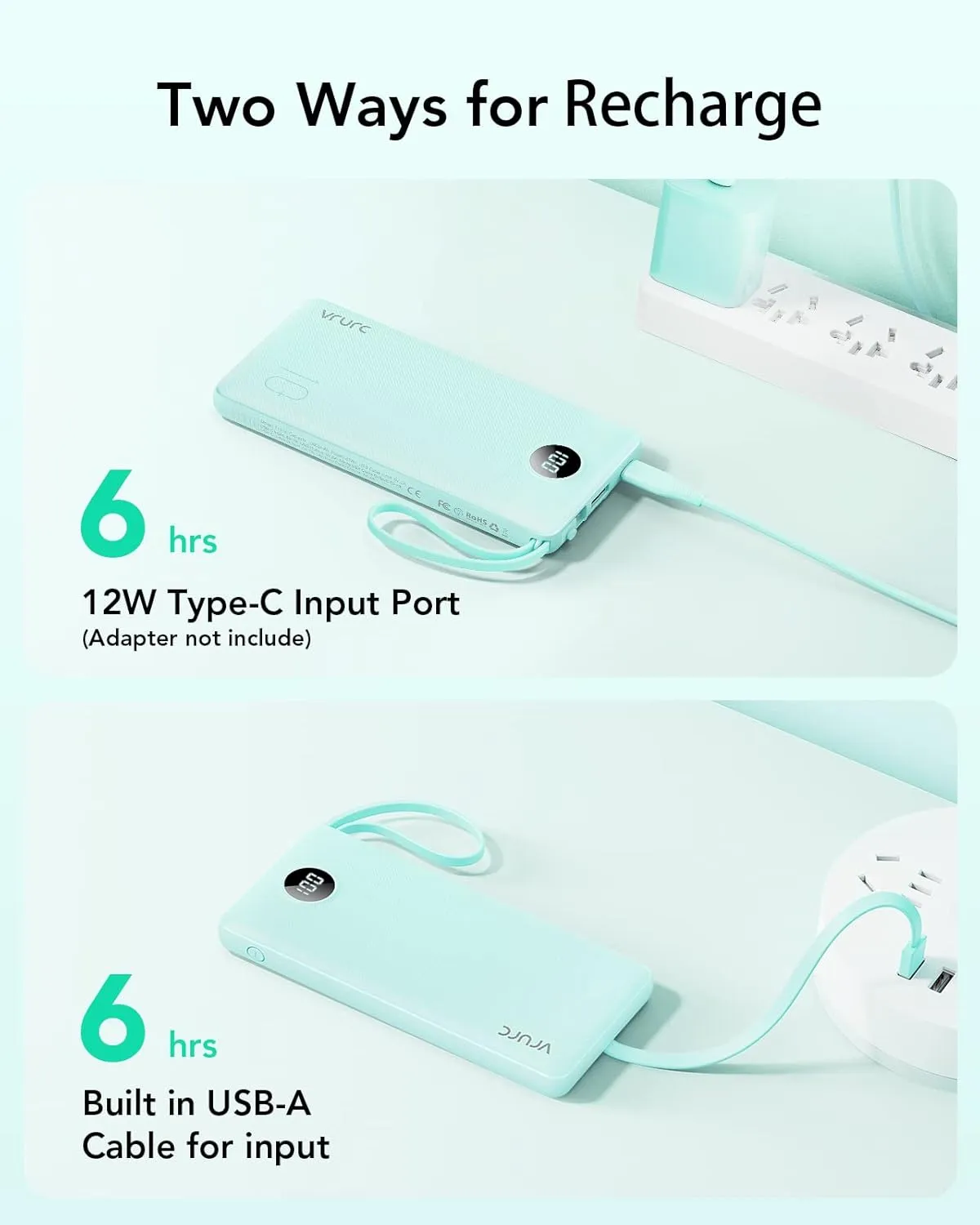 VRURC Portable Charger Power Bank, 10000mAh Travel Essentials Battery Pack, 5 Outputs 2 Inputs Slim Charging Bank Built-in Cables Cords Wires Compatible with iPhone,Samsung,Android-Green(1 Pack)