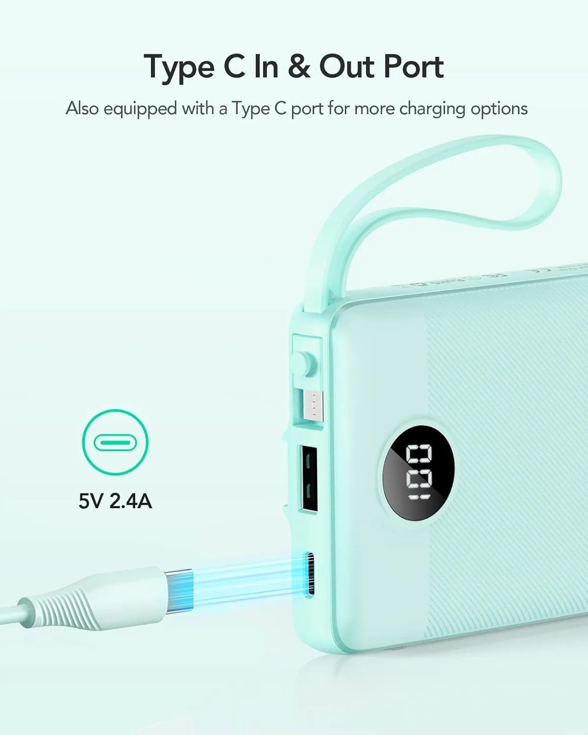 VRURC Portable Charger Power Bank, 10000mAh Travel Essentials Battery Pack, 5 Outputs 2 Inputs Slim Charging Bank Built-in Cables Cords Wires Compatible with iPhone,Samsung,Android-Green(1 Pack)