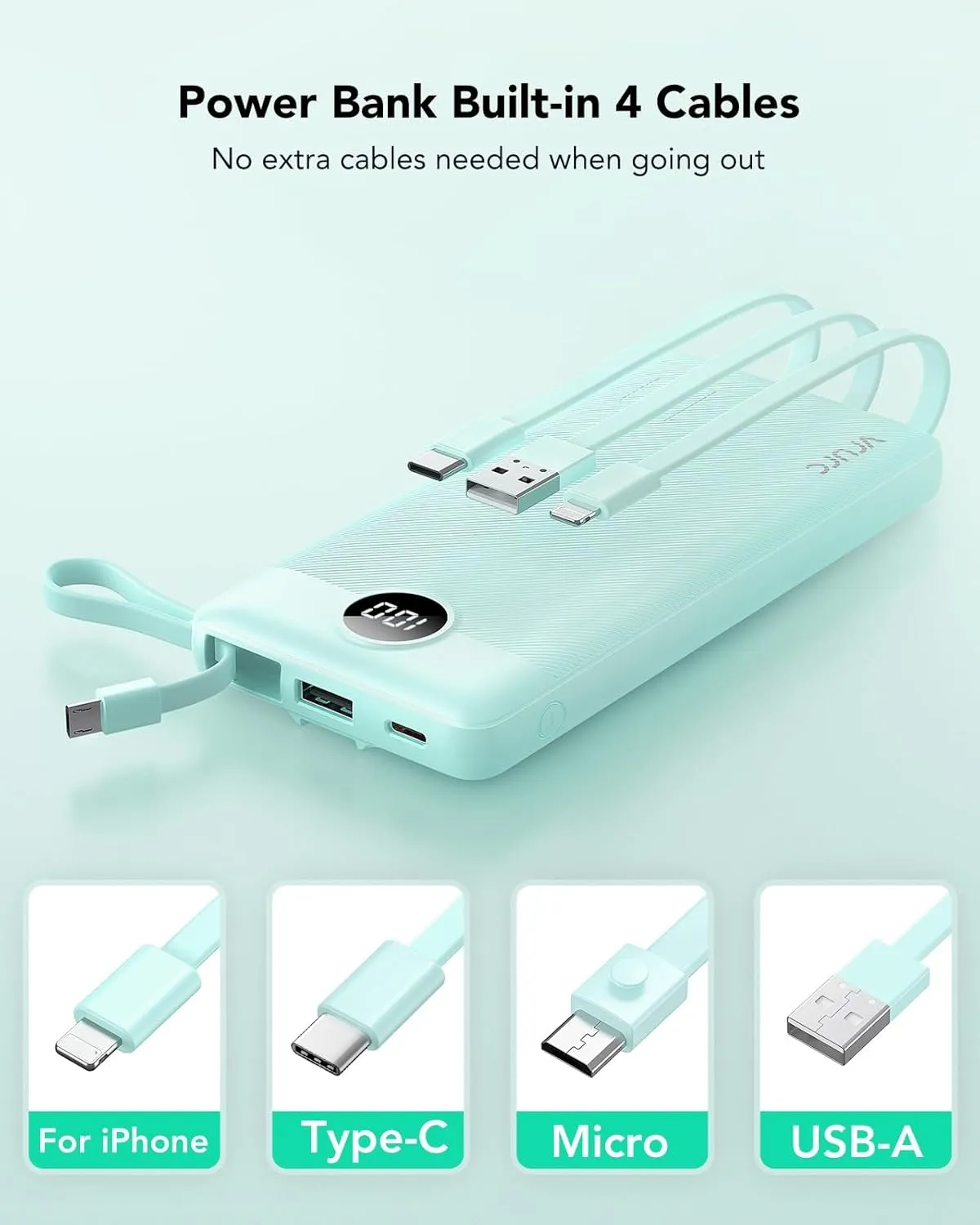 VRURC Portable Charger Power Bank, 10000mAh Travel Essentials Battery Pack, 5 Outputs 2 Inputs Slim Charging Bank Built-in Cables Cords Wires Compatible with iPhone,Samsung,Android-Green(1 Pack)