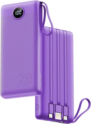 VRURC Portable Charger with Built in Cables 20000mAh, 22.5W Fast Charging USB C Power Bank,LED Display Charging Back with 4 Output 2 Input for iPhone 15/14/13/Pro, Samsung,Android-Purple (1 Pack)