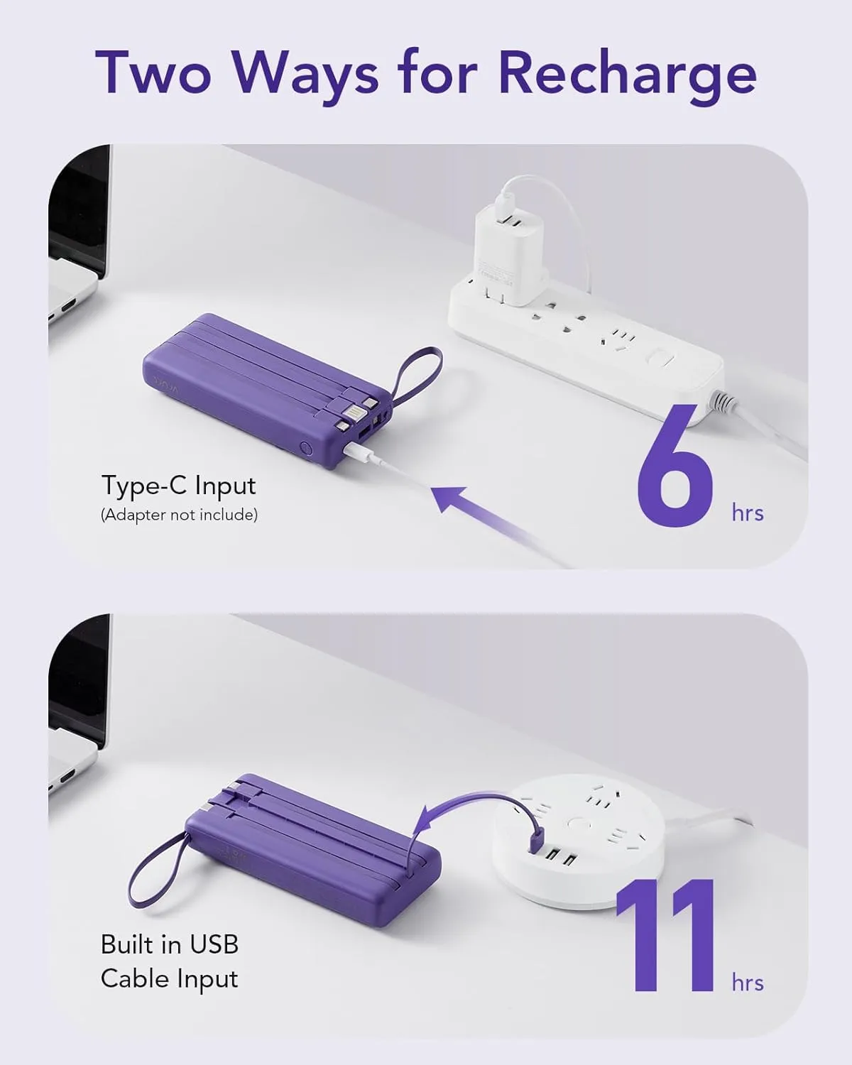VRURC Portable Charger with Built in Cables 20000mAh, 22.5W Fast Charging USB C Power Bank,LED Display Charging Back with 4 Output 2 Input for iPhone 15/14/13/Pro, Samsung,Android-Purple (1 Pack)