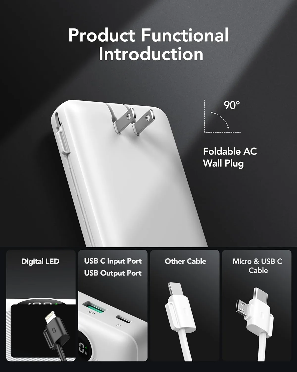 VRURC Power Bank 20000mAh, Fast Charging Portable Charger USB C,4 Output 2 Input Charging Bank Equipped with LED Display,Built-in Wall Plug and Cables,Cell Phone Replacement Battery,White