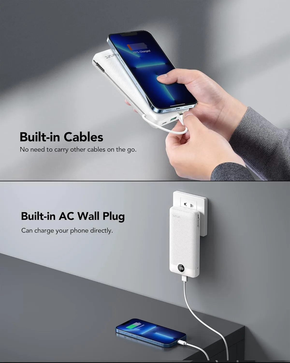 VRURC Power Bank 20000mAh, Fast Charging Portable Charger USB C,4 Output 2 Input Charging Bank Equipped with LED Display,Built-in Wall Plug and Cables,Cell Phone Replacement Battery,White