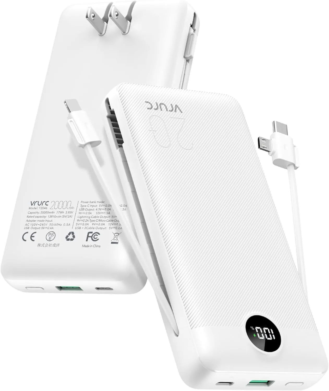 VRURC Power Bank 20000mAh, Fast Charging Portable Charger USB C,4 Output 2 Input Charging Bank Equipped with LED Display,Built-in Wall Plug and Cables,Cell Phone Replacement Battery,White