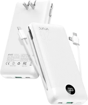 VRURC Power Bank 20000mAh, Fast Charging Portable Charger USB C,4 Output 2 Input Charging Bank Equipped with LED Display,Built-in Wall Plug and Cables,Cell Phone Replacement Battery,White