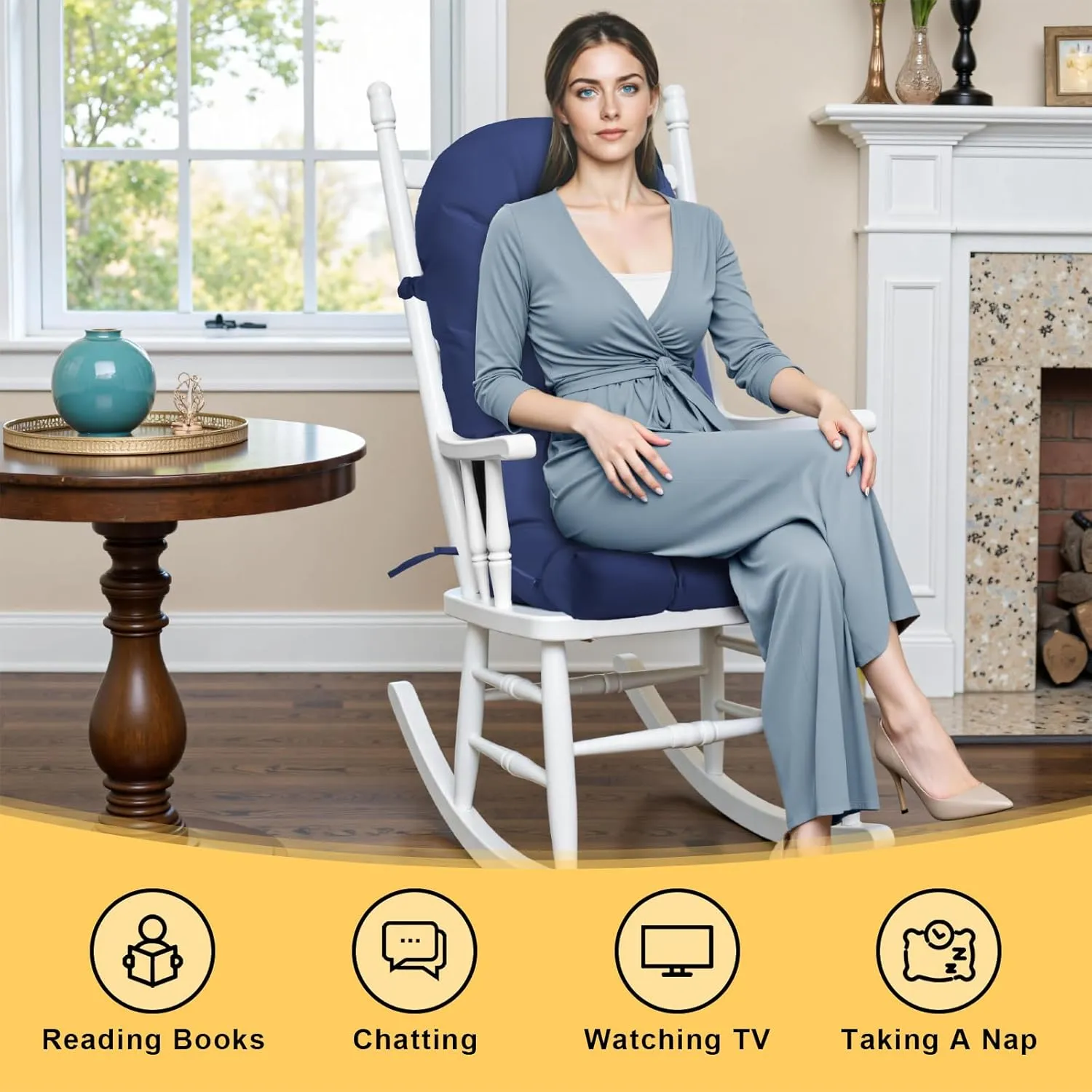 Waterproof Rocking Chair Cushion - Outdoor Oliven Fabric, High-Density Sponge, Durable Comfort Non-Slip Bottom Tufted Seat Pads with Ties, Oliven︱Dark Blue, 44x19x4 inch