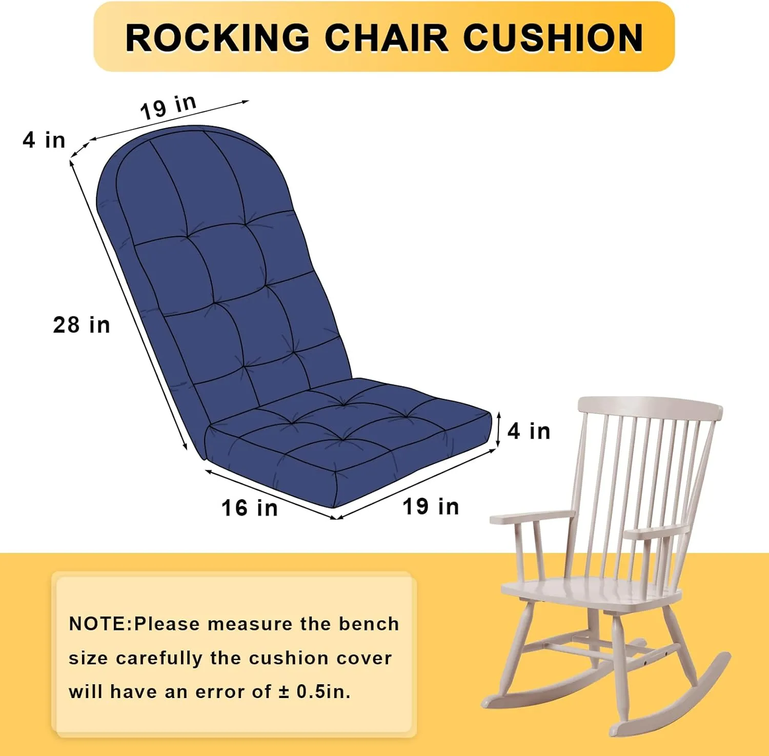 Waterproof Rocking Chair Cushion - Outdoor Oliven Fabric, High-Density Sponge, Durable Comfort Non-Slip Bottom Tufted Seat Pads with Ties, Oliven︱Dark Blue, 44x19x4 inch