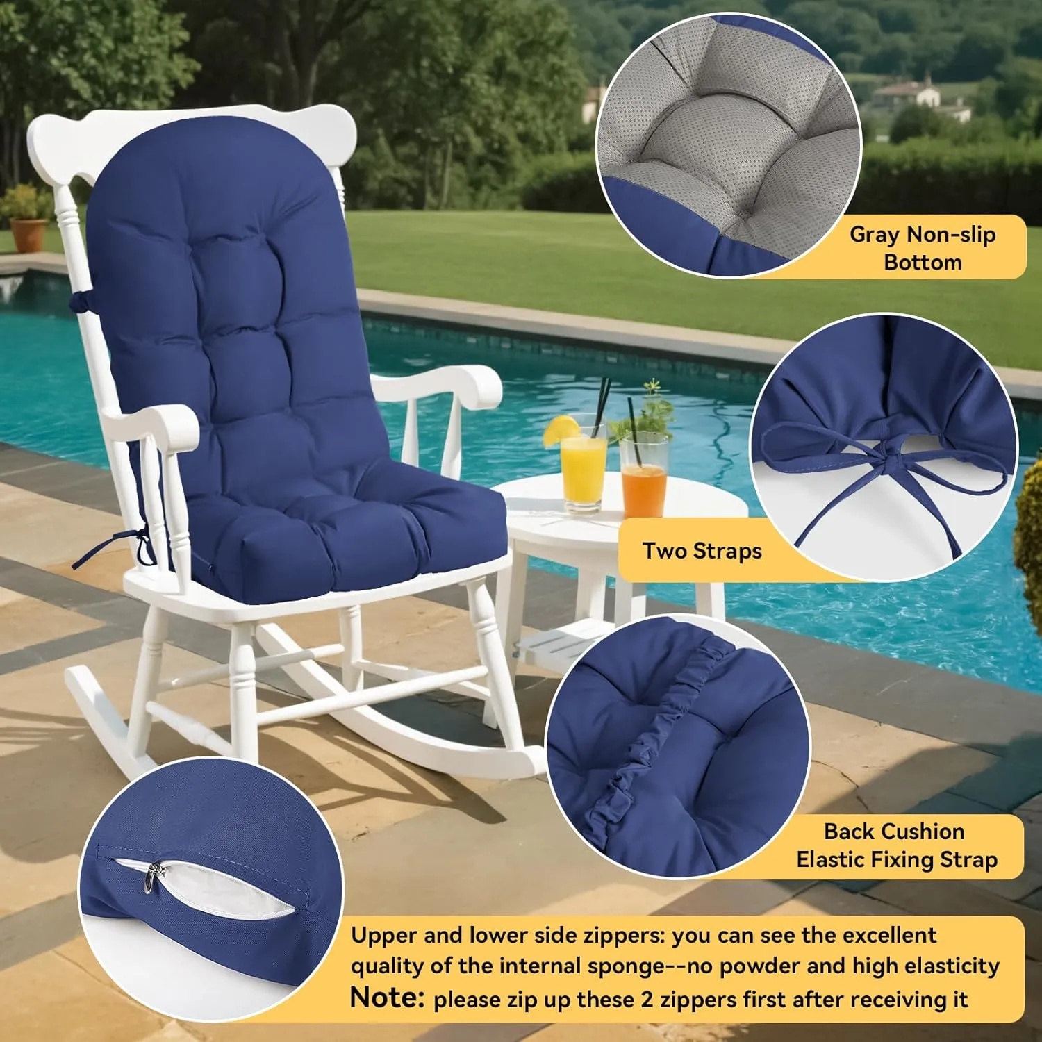 Waterproof Rocking Chair Cushion - Outdoor Oliven Fabric, High-Density Sponge, Durable Comfort Non-Slip Bottom Tufted Seat Pads with Ties, Oliven︱Dark Blue, 44x19x4 inch