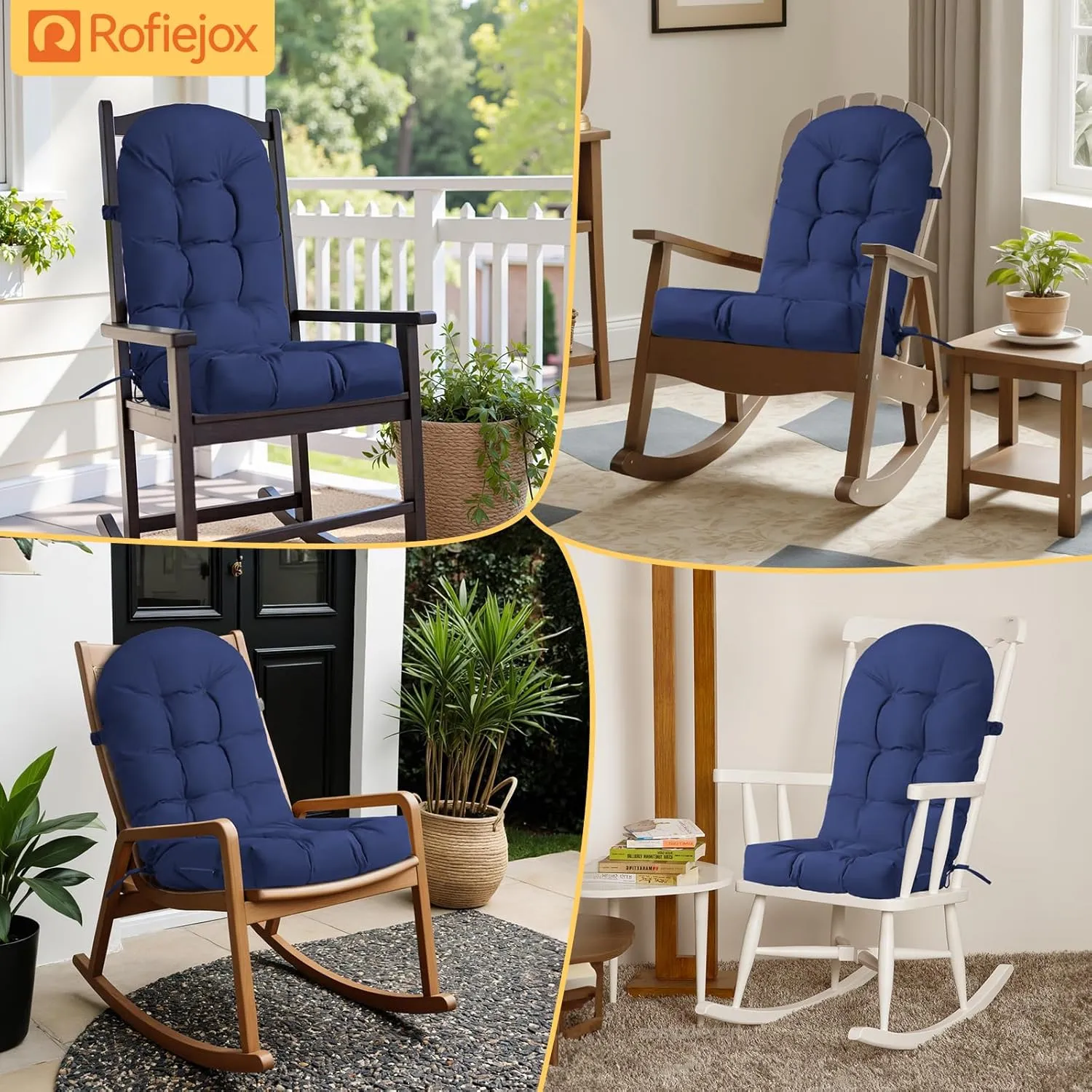 Waterproof Rocking Chair Cushion - Outdoor Oliven Fabric, High-Density Sponge, Durable Comfort Non-Slip Bottom Tufted Seat Pads with Ties, Oliven︱Dark Blue, 44x19x4 inch