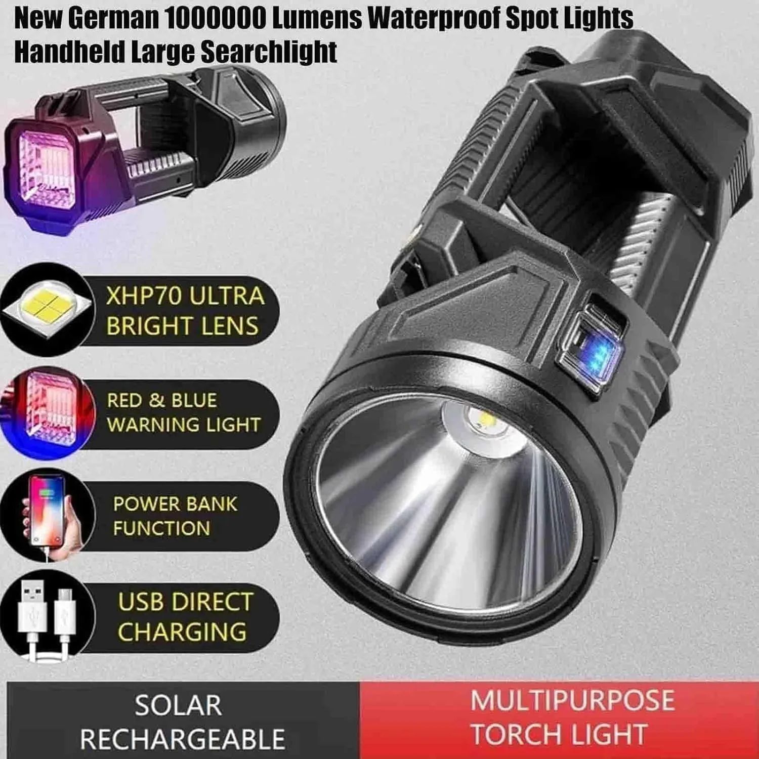 Waterproof Spot Lights Handheld Large Searchlight, Outdoor Searchlight, Super Bright Solar Spotlight Flashlight, Rechargeable Solar Tactical Flashlight(Medium)