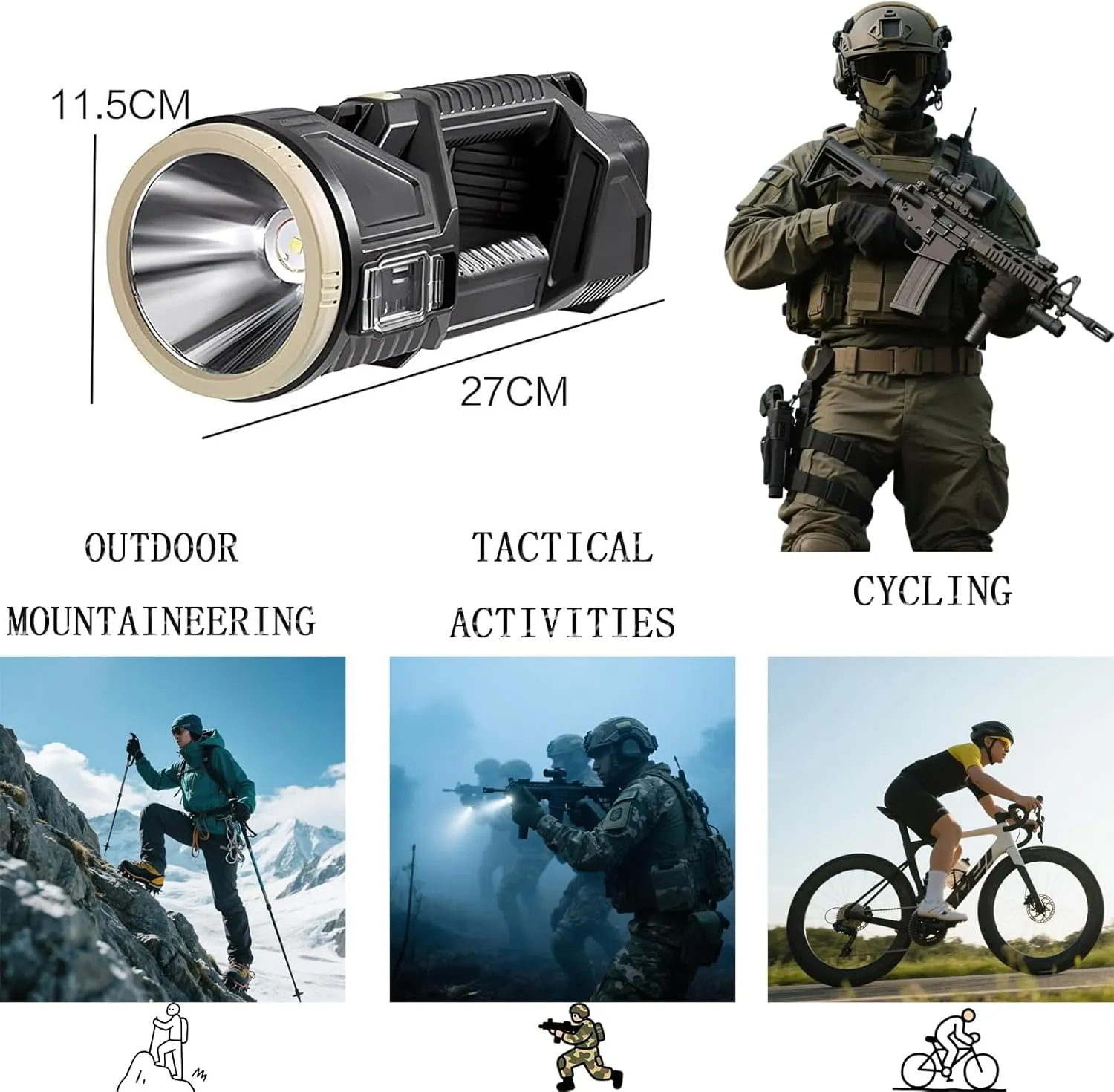 Waterproof Spot Lights Handheld Large Searchlight, Outdoor Searchlight, Super Bright Solar Spotlight Flashlight, Rechargeable Solar Tactical Flashlight(Medium)