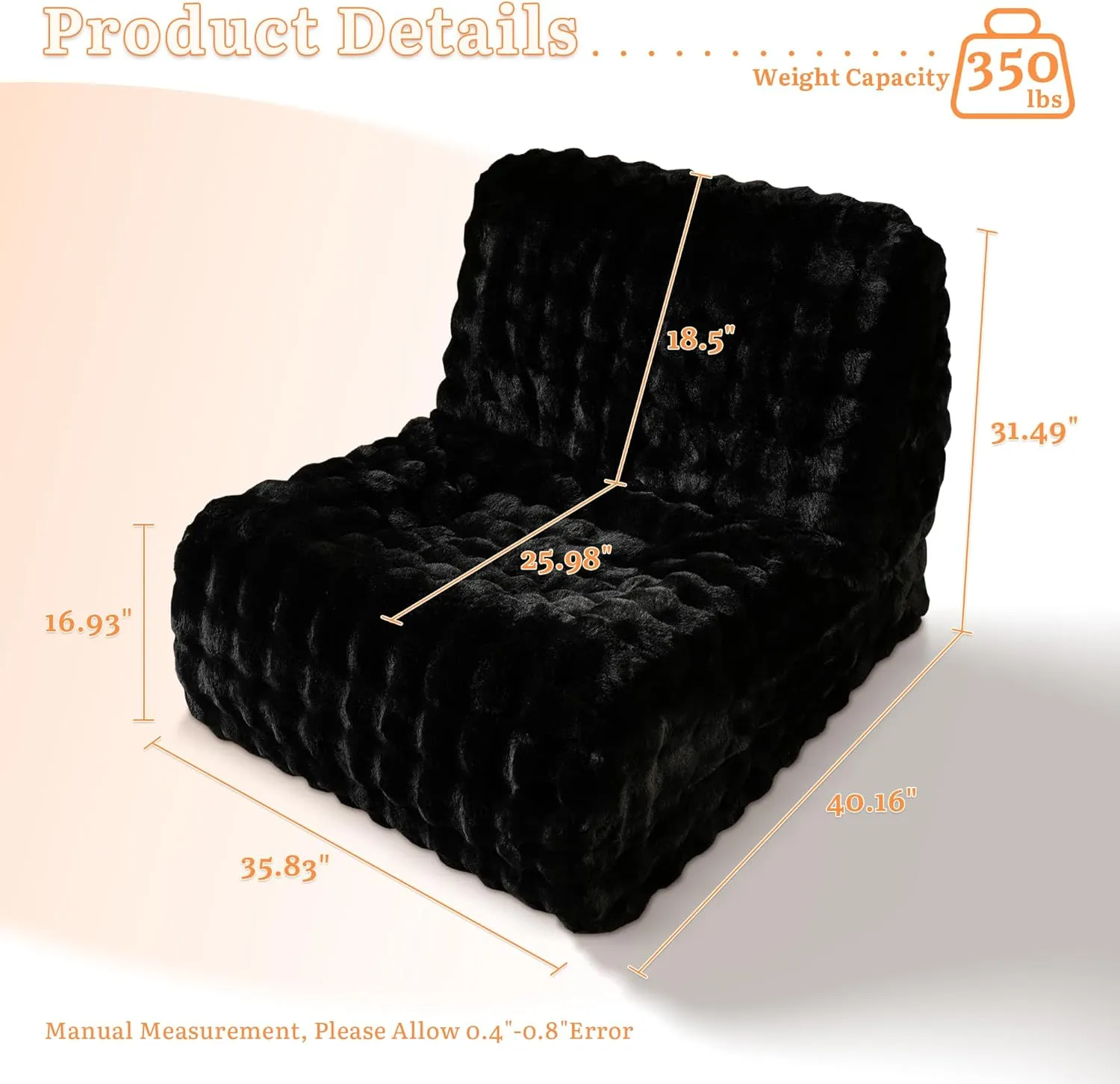 Weaxty Togo Sofa Bean Bag Chair for Adults, Oversized Plush Beanbag Floor Couch Togo Chair, Fireside Giant Bean Bag Lazy Sofa Lounger Chairs for Living Room Bedroom Office Dorm, Black