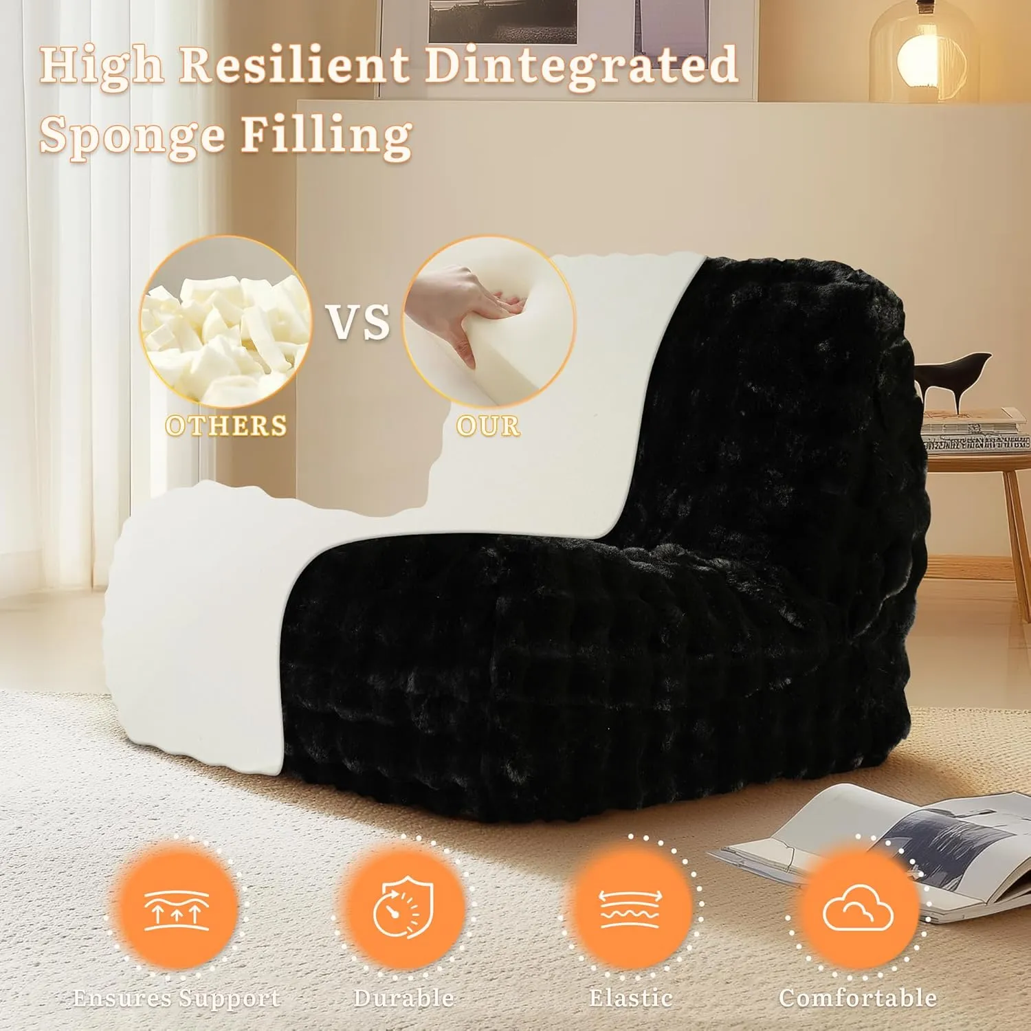 Weaxty Togo Sofa Bean Bag Chair for Adults, Oversized Plush Beanbag Floor Couch Togo Chair, Fireside Giant Bean Bag Lazy Sofa Lounger Chairs for Living Room Bedroom Office Dorm, Black