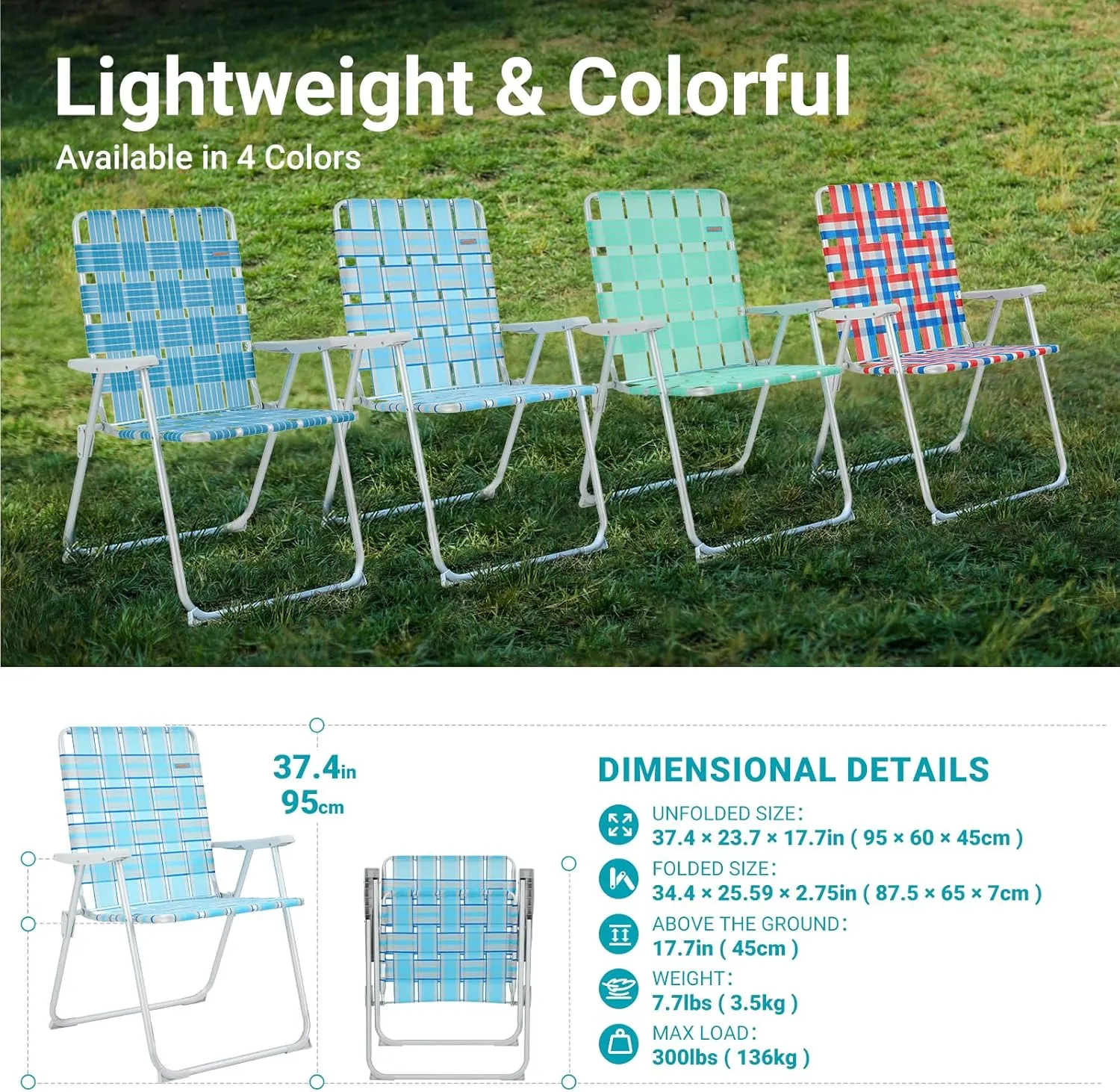 #WEJOY Folding Beach Chair for Adults, Lightweight Beach Chair with Shoulder Straps, High Back Beach Chairs with Hard Armrest, Supports 300lbs for Beach Lawn Concert