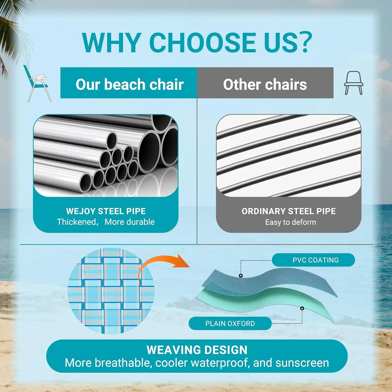 #WEJOY Folding Beach Chair for Adults, Lightweight Beach Chair with Shoulder Straps, High Back Beach Chairs with Hard Armrest, Supports 300lbs for Beach Lawn Concert