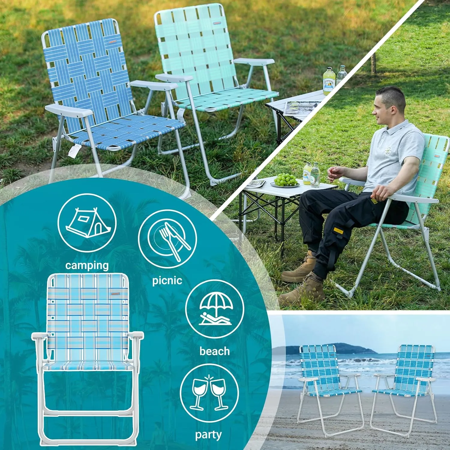 #WEJOY Folding Beach Chair for Adults, Lightweight Beach Chair with Shoulder Straps, High Back Beach Chairs with Hard Armrest, Supports 300lbs for Beach Lawn Concert