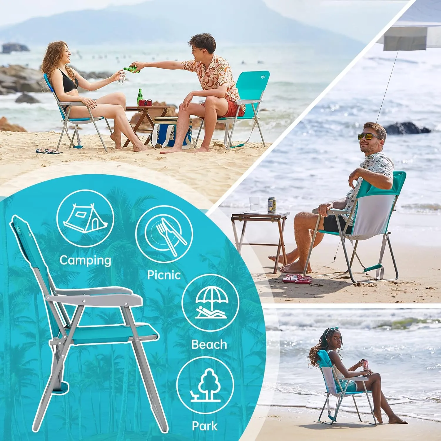 #WEJOY Folding Beach Chair for Adults, Lightweight Beach Chair with Shoulder Straps, High Back Beach Chairs with Hard Armrest, Supports 300lbs for Beach Lawn Concert
