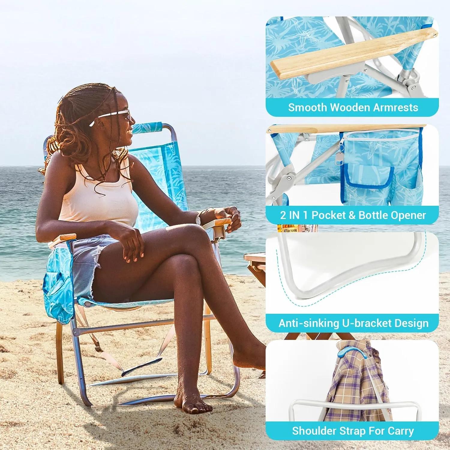 #WEJOY High Back Beach Chair, 4 Position Adjustable Heavy Duty Aluminum Folding Backpack Camping Chairs with Wooden Armrest, Storage Bag & Cup Holders for Outdoor Travel Fishing (Blue White)