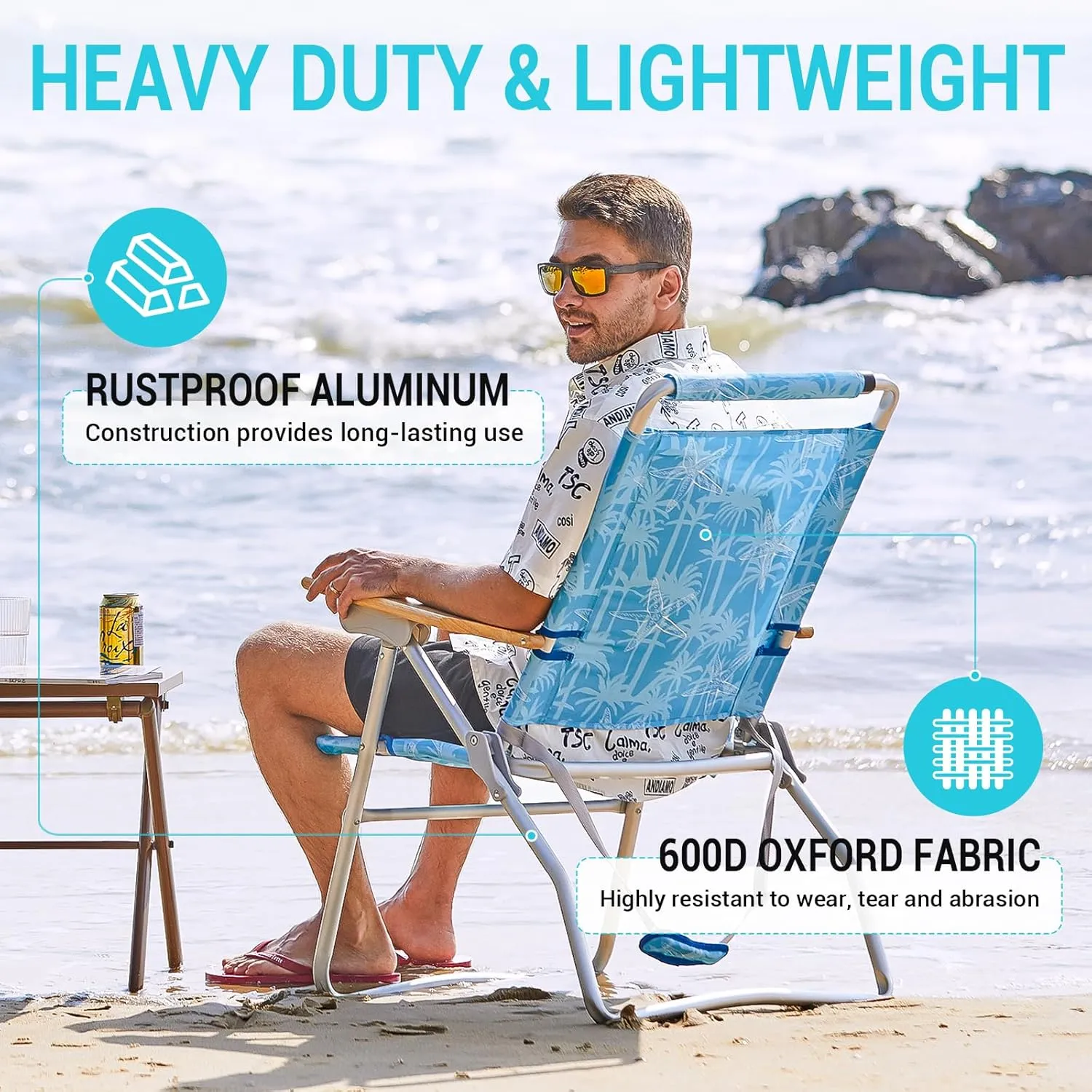 #WEJOY High Back Beach Chair, 4 Position Adjustable Heavy Duty Aluminum Folding Backpack Camping Chairs with Wooden Armrest, Storage Bag & Cup Holders for Outdoor Travel Fishing (Blue White)
