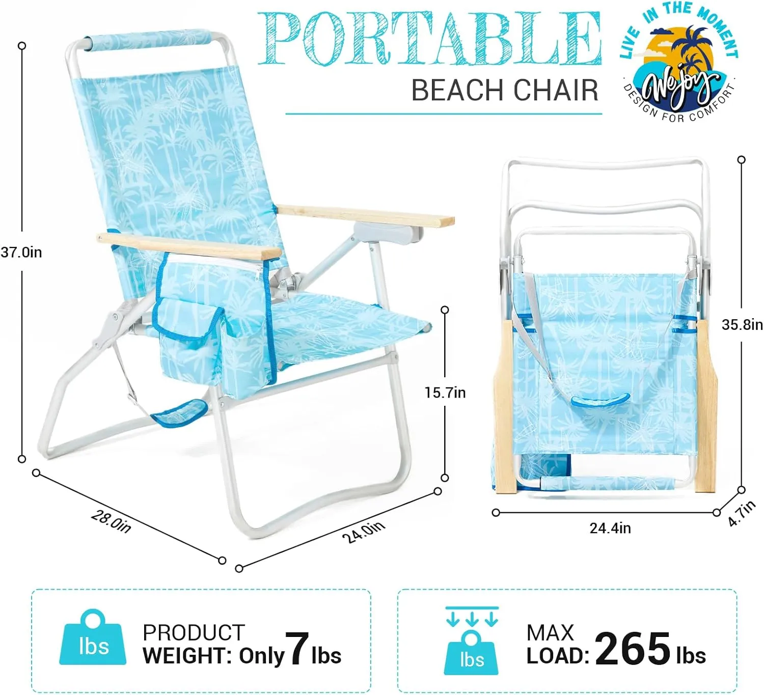#WEJOY High Back Beach Chair, 4 Position Adjustable Heavy Duty Aluminum Folding Backpack Camping Chairs with Wooden Armrest, Storage Bag & Cup Holders for Outdoor Travel Fishing (Blue White)