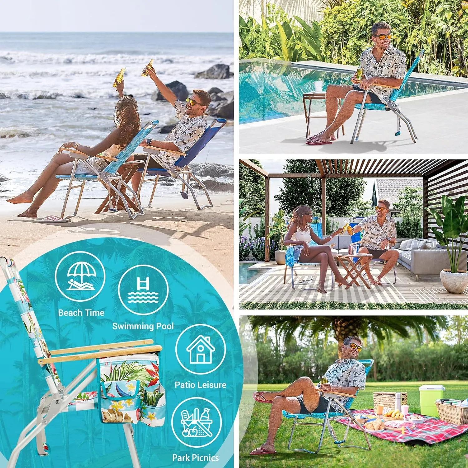 #WEJOY High Back Beach Chair, 4 Position Adjustable Heavy Duty Aluminum Folding Backpack Camping Chairs with Wooden Armrest, Storage Bag & Cup Holders for Outdoor Travel Fishing (Blue White)
