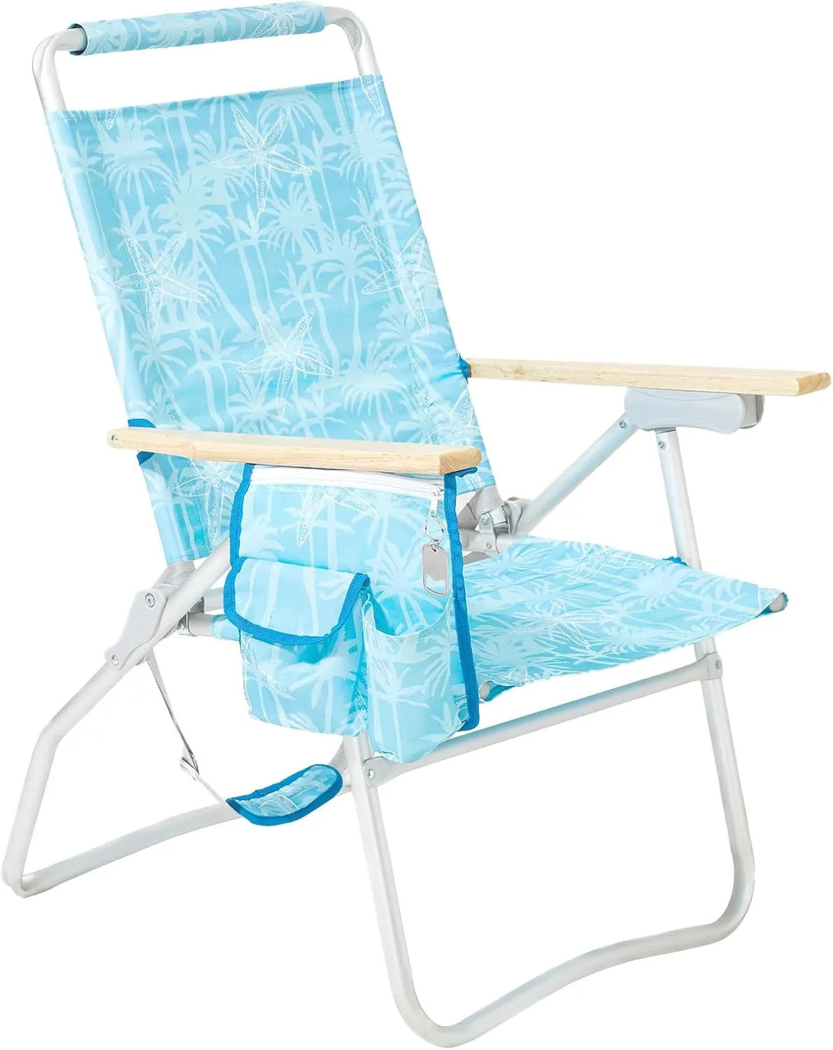 #WEJOY High Back Beach Chair, 4 Position Adjustable Heavy Duty Aluminum Folding Backpack Camping Chairs with Wooden Armrest, Storage Bag & Cup Holders for Outdoor Travel Fishing (Blue White)