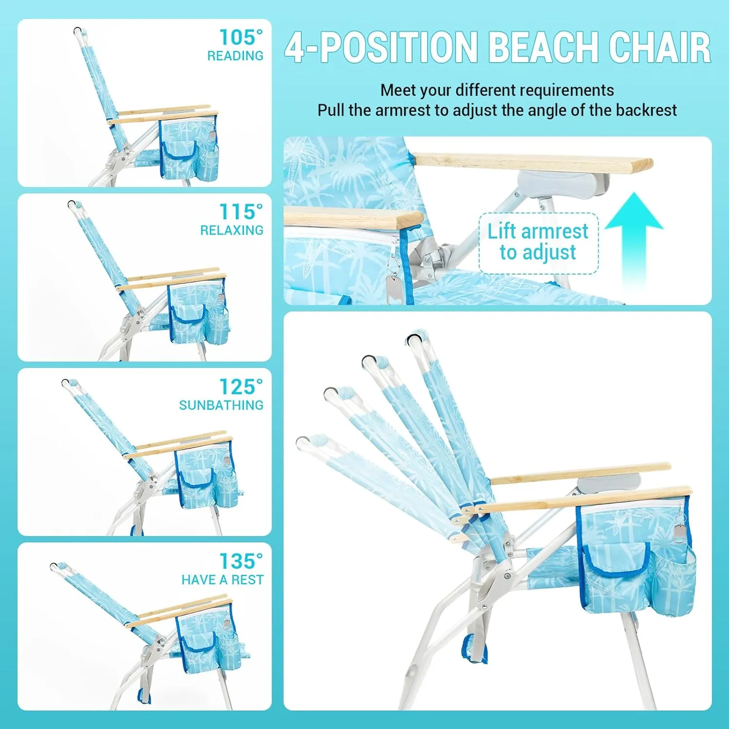 #WEJOY High Back Beach Chair, 4 Position Adjustable Heavy Duty Aluminum Folding Backpack Camping Chairs with Wooden Armrest, Storage Bag & Cup Holders for Outdoor Travel Fishing (Blue White)