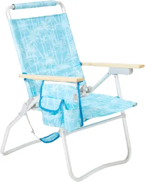 #WEJOY High Back Beach Chair, 4 Position Adjustable Heavy Duty Aluminum Folding Backpack Camping Chairs with Wooden Armrest, Storage Bag & Cup Holders for Outdoor Travel Fishing (Blue White)
