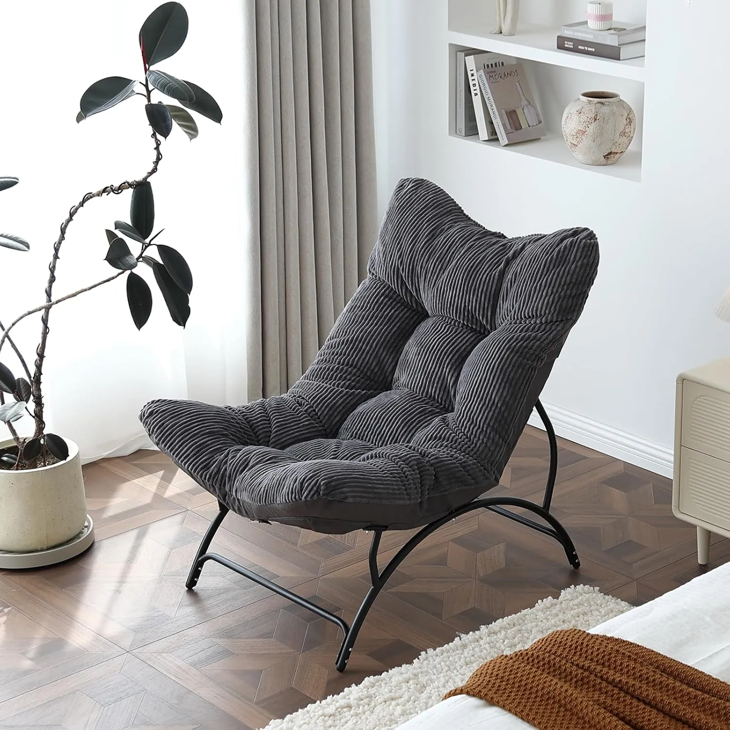 Welnow Accent Lounge Lazy Chair, Comfy Soft Leisure Metal Frame Reading Chair, Upholstered Thick Cushion Seated Recliner Sofa for Living Room, Bedroom, Dorm, Dark Grey